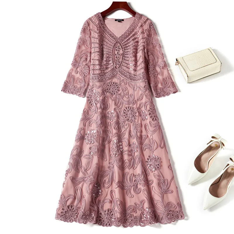 

Sequined 2020 Spring Summer Elegant Bride Mother Women V-Neck Luxurious Embroidery 3/4 Sleeve A-Line Red Pink Dress 4xl