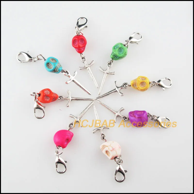 8 новых Подвесок в виде черепа, смешанный камень, тибетский посеребренный крест с карабином, застежки-Подвески 8x36 мм