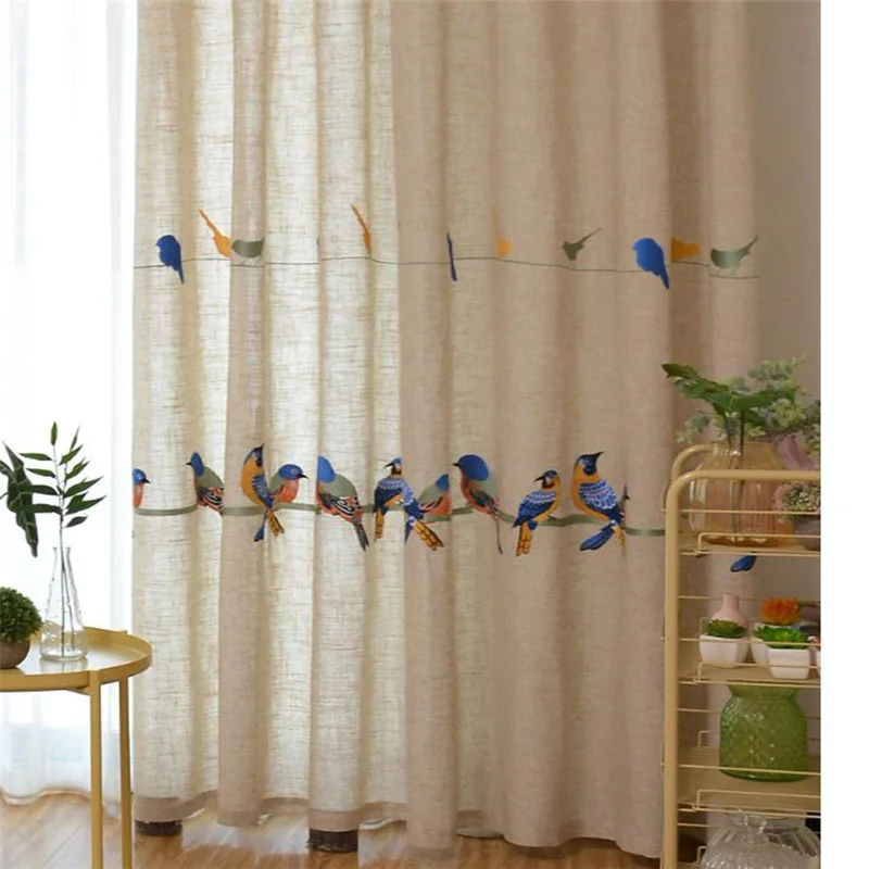 

Embroidered Birds Curtains Tulle for Living Room Cotton and Linen Fabric Curtains Birds Cloth White Soild Voile Tulle WP432#HS