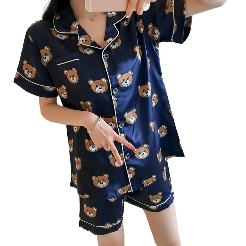 

Printing summer WAVMIT Short Sleeve Silk Pajamas Set Two Pieces Set Women Sleepwear Sexy Nightwear for Women Sleeping set