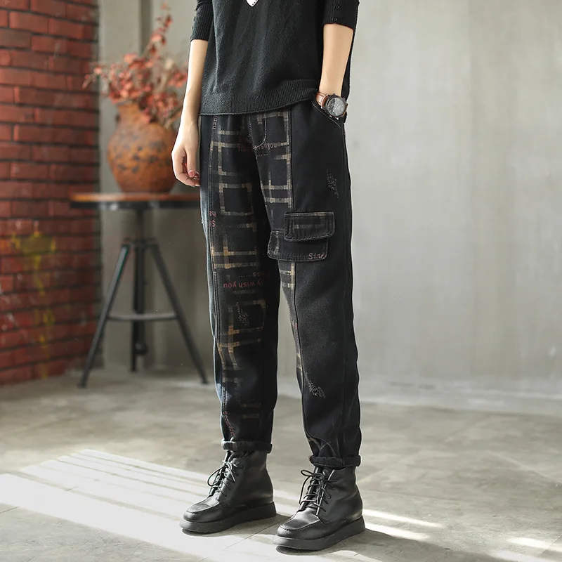 Зимние джинсы Ретро стиль женские свободные флисовые Теплые повседневные брюки