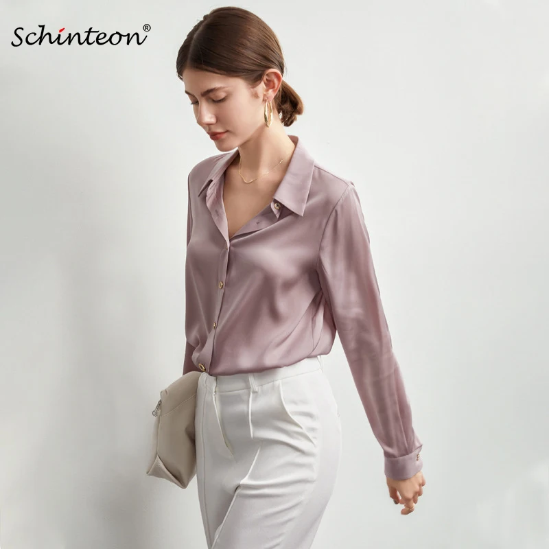 

2022 Schinteon Women Genuine Silk Shirt Solid Color Long Sleeved Office Lady Turn-down Collar Blouse Spring Summer New Top