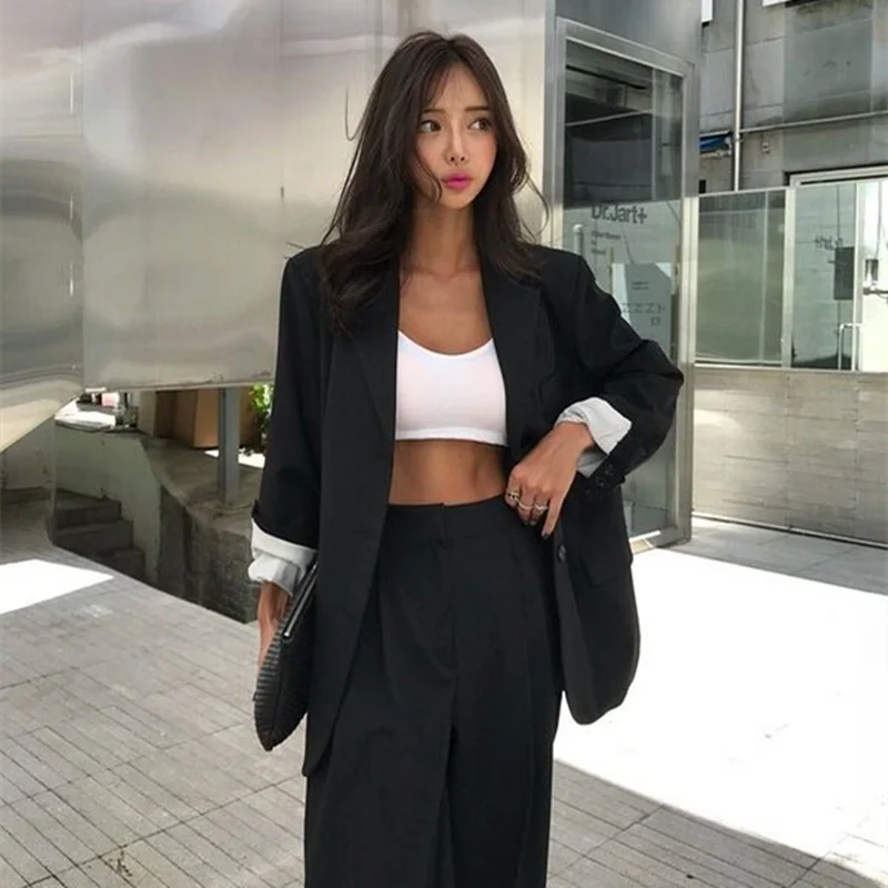 

Elegant Black Single-breasted Women Blazer Fashion Vintage Solid Loose Work Wear Tops Outerwear Female Jacket