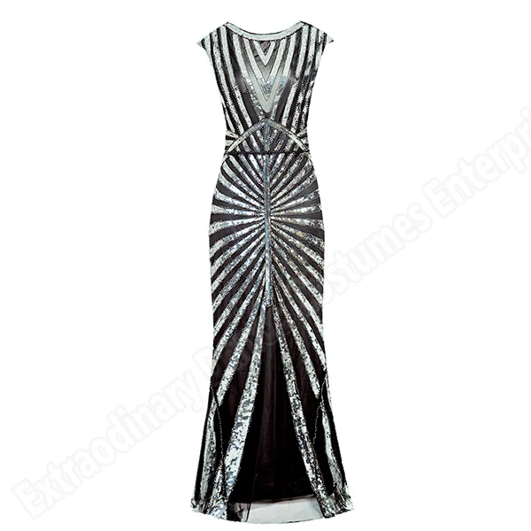 Silver Женские длинные платья в винтажном стиле Great Gatsby Sequin 1920s вечерние платья в стиле АР-деко без рукавов средней длины с круглым вырезом - Цвет: Silver