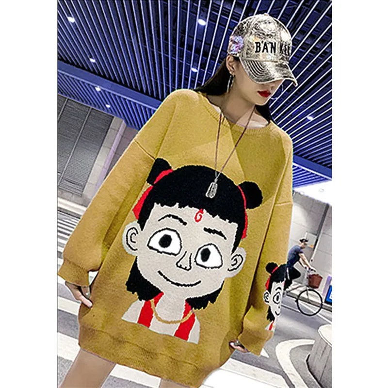 Осенне-зимние вязаные свитера с круглым вырезом женские свободные уличные