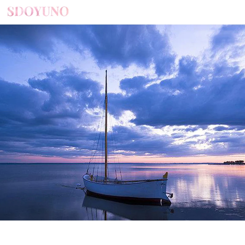 

SDOYUNO DIY живопись по номерам с рамкой для детей, Морская Лодка, приправа, картины по номерам, акриловые краски для живописи на холсте