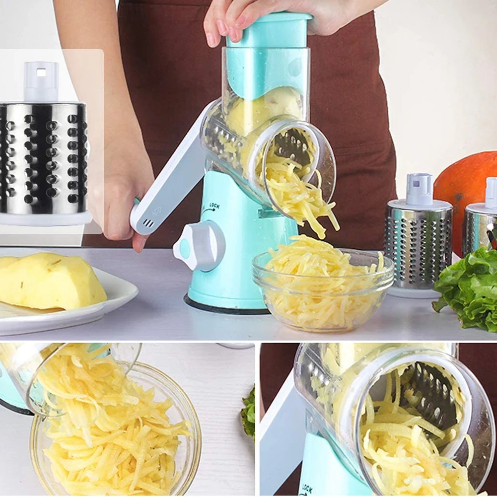 

Kitchen Mandoline Slicer Durable Rotary Cheese Grater with 3 Stainless Steel Interchangeable Blades for Fruit Vegetables Salad