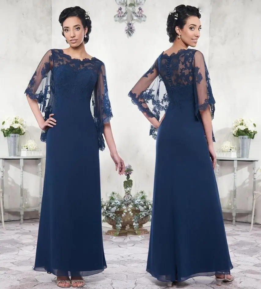 

Custom Made Dark Navy Chiffon Mother of the Bride Dresses A Line Floor Length Evening Gowns Dark Navy Lace Mother Of The Bride