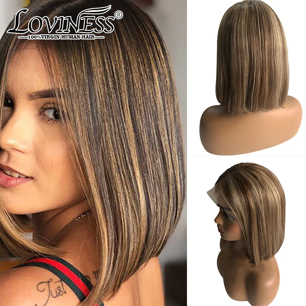 Highlight Brown Wig 13x1 Middle T Part Lace Front Human Hair Wig Striaght Glueless Pre Plucked Short Bob Wig With Baby Hair