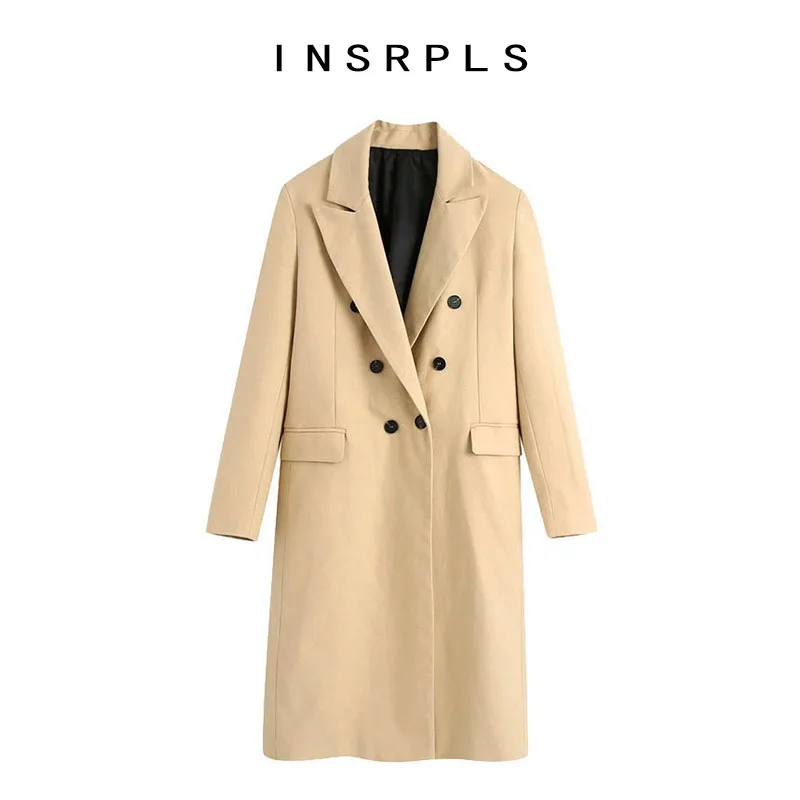 INSRPLS женский модный двубортный приталенный плащ винтажный с длинным рукавом