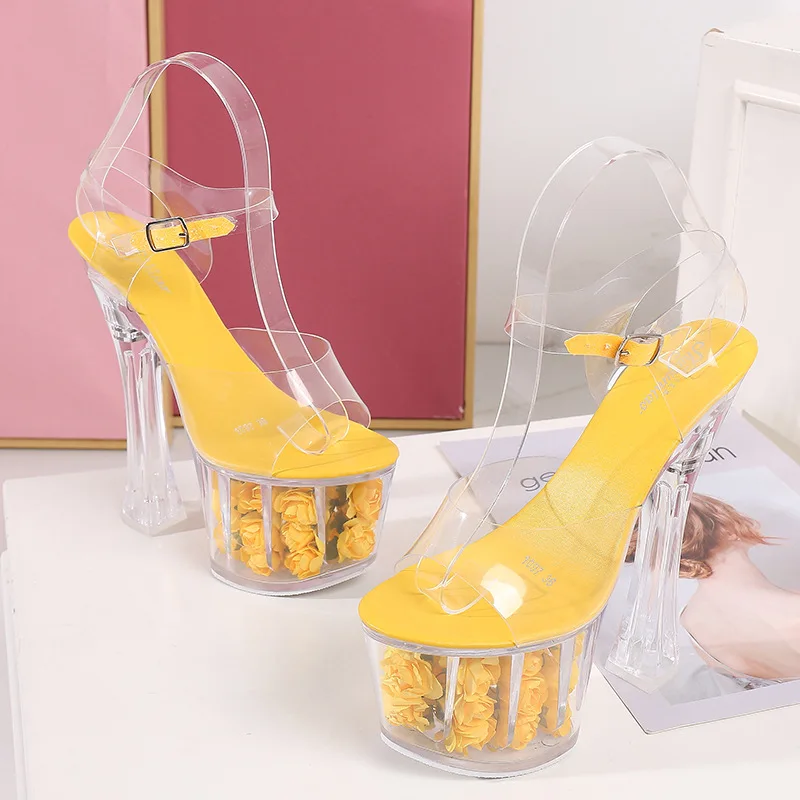 

Classic Fashion PVC Ankle Strap Transparent Sandals Women Beads Open Toe Clear Glass Thick High Heel Summer Sexy Flower Sandal