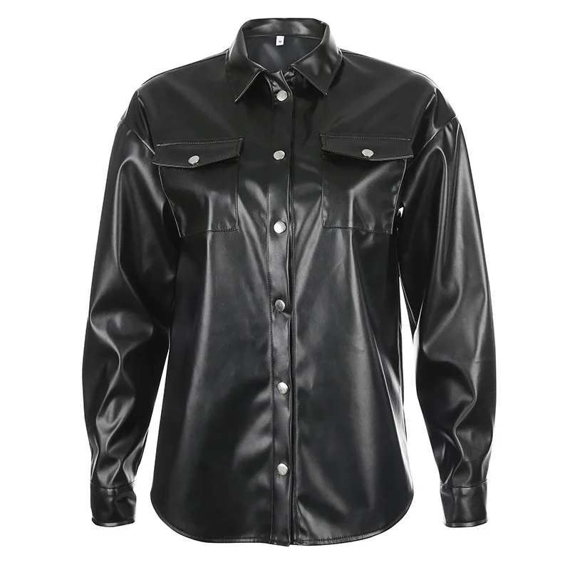 

women clothing single breasted casual top 2020 Spring Black PU Leather Loose Turn-down Collar Fashion New Women's Wild Jacket