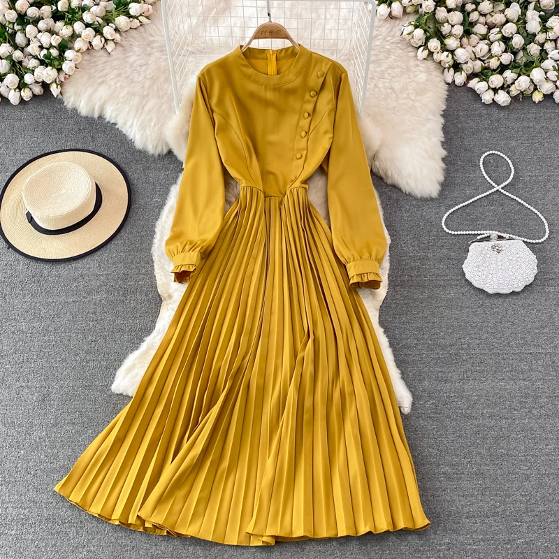 

Spring Autumn Vintage Women Long Dress Casual Round Neck Puff Sleeve Draped Maxi Robe Female Elegant Big Swing Vestidos New 2022