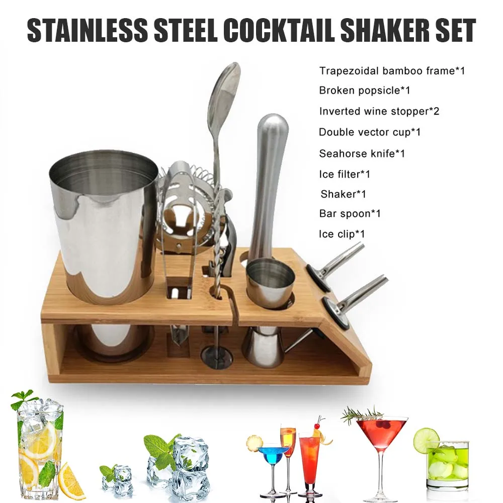 

10pcs Cocktail Shaker Set Stainless Steel Bartender Kit With Stand Bar Boston Shaker Drink Mixer For Professionals Beginners