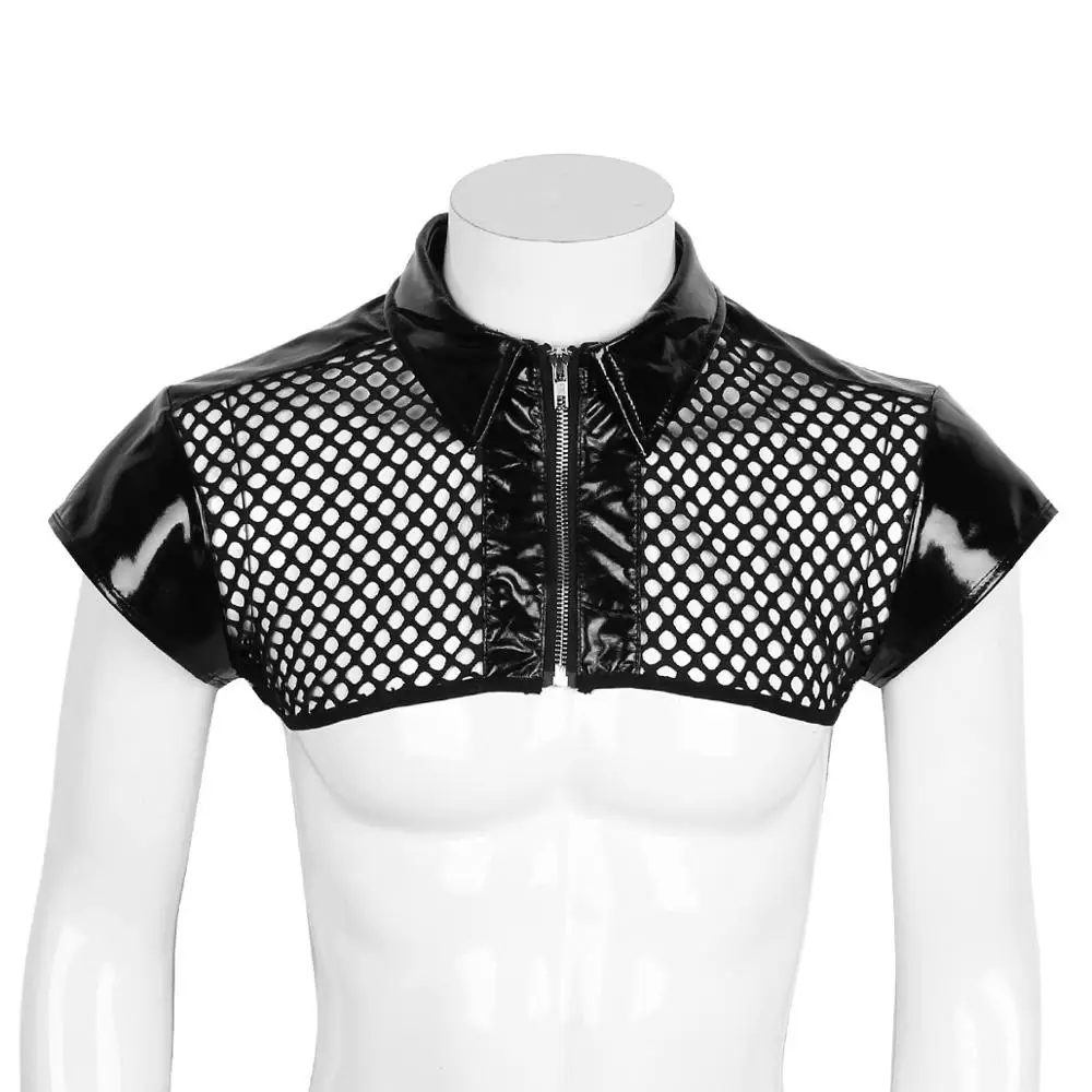 Мужская прозрачная сетчатая ажурная рубашка рукав-Кепка лакированная кожа