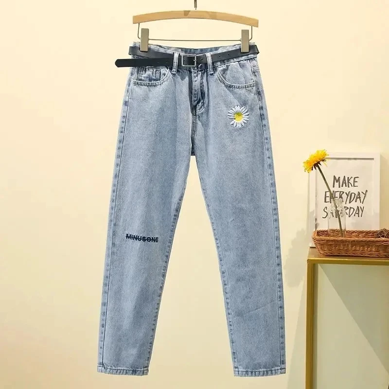 

Oversize Denim Harem Trousers Mujer Vintage Casual Jeans Straight Women Pant Daisy Embroidery Denim Jean Women High Waist Jeans