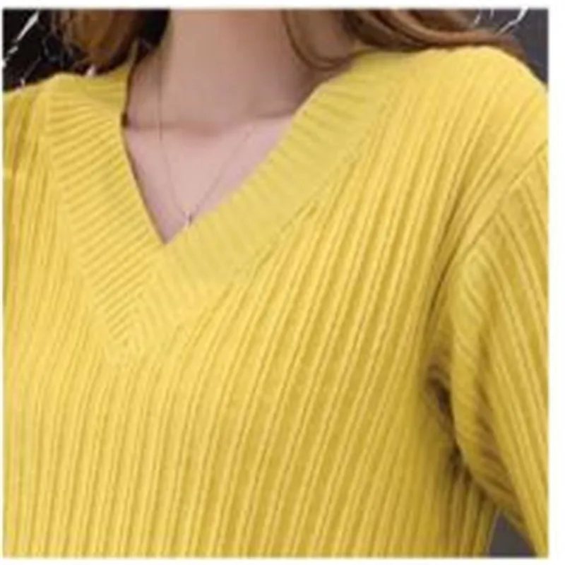 

Autumn Winter Women Sweater Pullovers Solid Color V-Neck Knitted Tops Jumper Women Long Sleeve 2019 Sweater Mujer Invierno M144