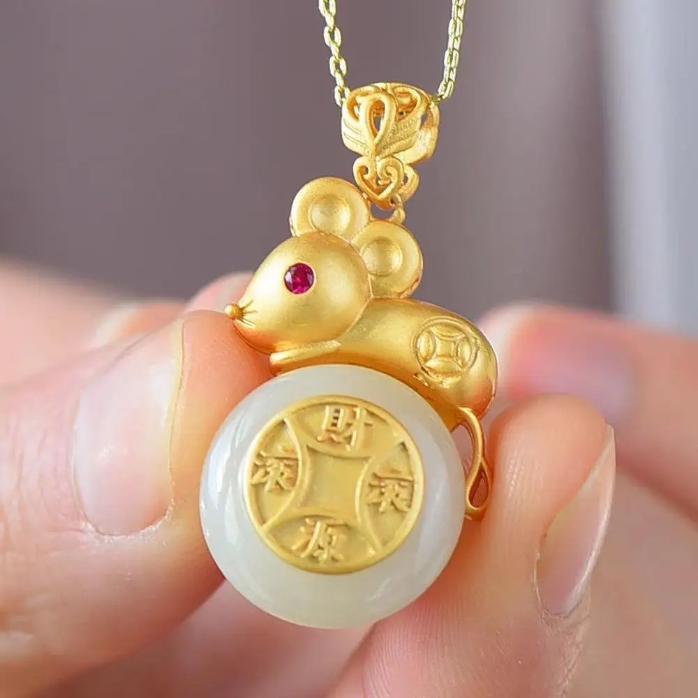 

Natural Hetian Jade Little Mouse Pendant Female Birth Year S925 Sterling Silver Necklace Gold Inlaid with Jade Lucky Pendant
