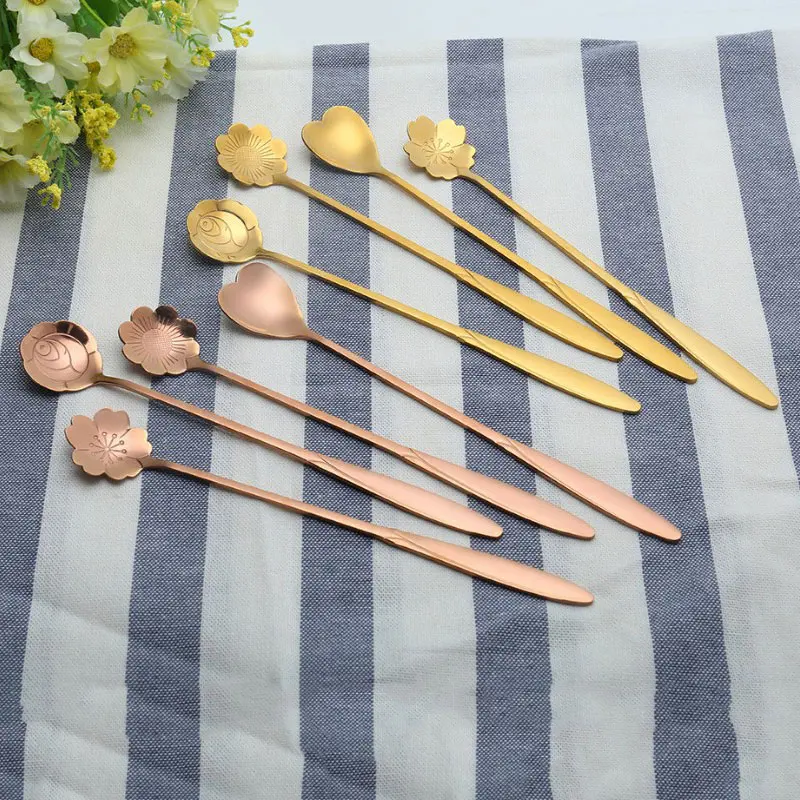 1 шт. ложка из нержавеющей стали с цветком и сердечком кофейный чай розовое золото