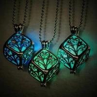 luminous hollow tree of life pendant necklace glow in the dark cubic locket square jewelry blue green bluish light birthday gift