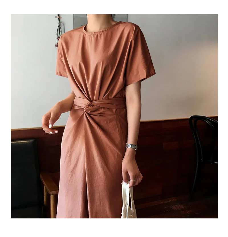 Корейское женское платье с бантом и поясом круглым вырезом коротким