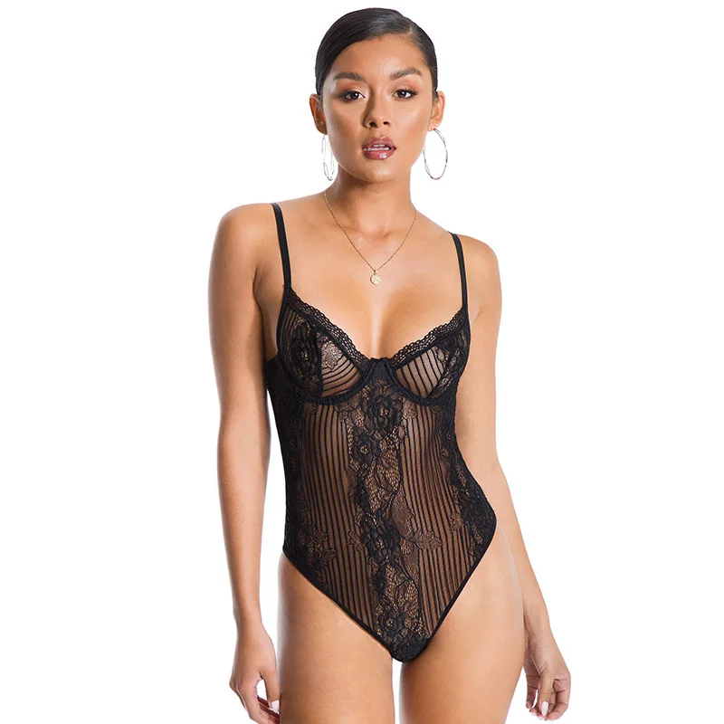 

New Sexy Ultra-thin Sleepwear Onesies Eyelash Lace French Charm Sleepwear V-neck Backless Transparent Soft Women's Pajamas