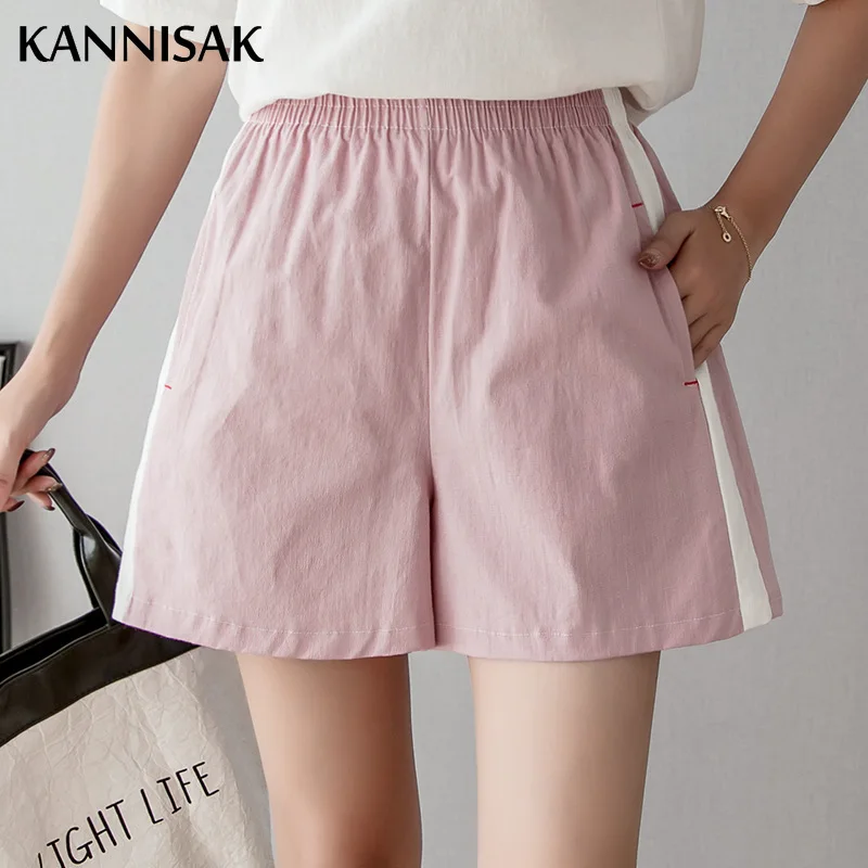 

Шорты KANNISAK женские с полосками по бокам, Свободные повседневные Велосипедки в Корейском стиле, с эластичным поясом, милые розовые, лето 2021