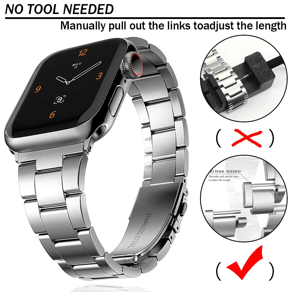 

Ремешок металлический для Apple Watch 44/40/38/42 мм, браслет из нержавеющей стали для Iwatch Series SE/6/5/4/3, аксессуары для часов, не нужен инструмент