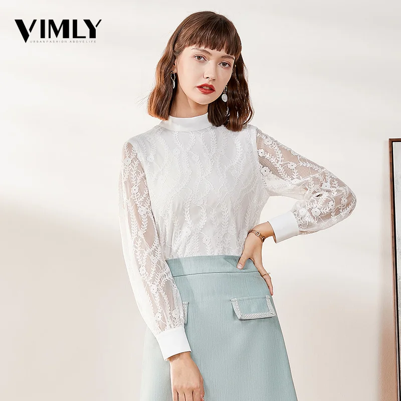 Vimly элегантная женская белая кружевная блузка сексуальная прозрачная Женская