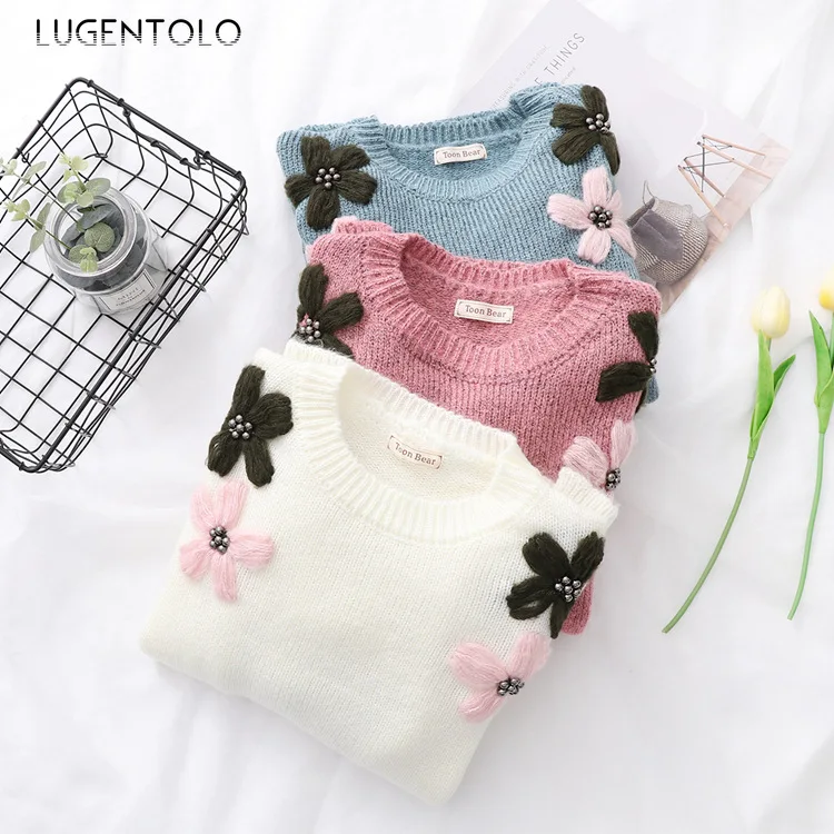 Lugentolo Women's Sweater Autumn and Winter Casual Sen Small Fresh Big Beaded Head Wild Fashion Knit | Женская одежда