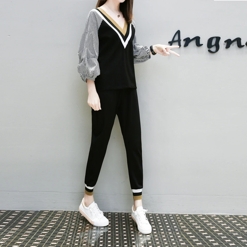 2019 новые осенние женские комплекты Лоскутные Полосатые рубашки пуловеры Топы