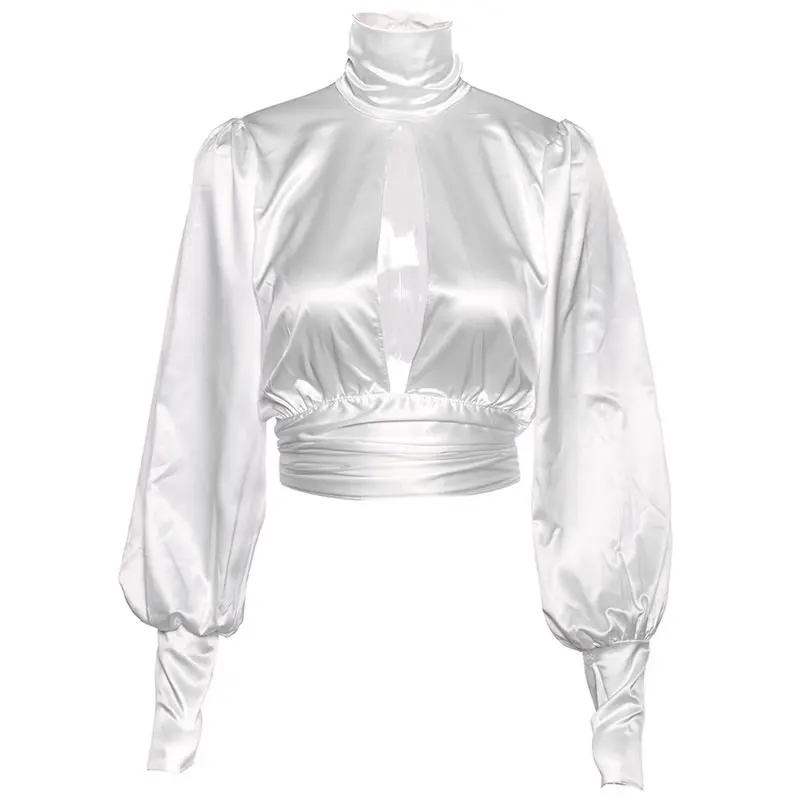 Light Yellow Новое поступление, Женская водолазка, длинный рукав-фонарик, футболка, открытая спина, укороченные женские топы, повседневная Однотонная футболка, летняя - Цвет: Light Yellow