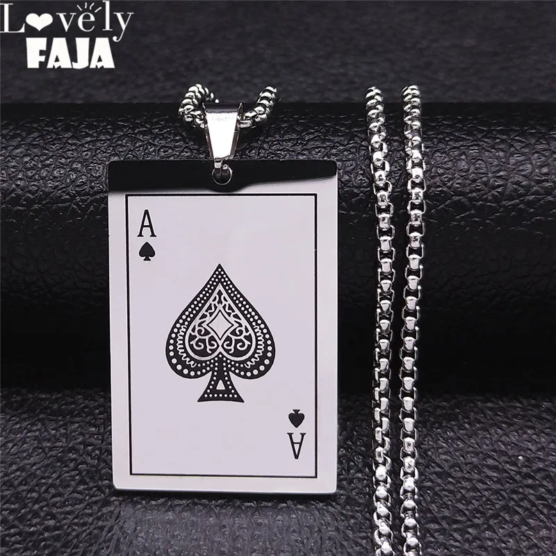 

Punk Playing Card A Crystal Stainless Steel Choker Necklace Silver Color Necklaces Jewelry acero inoxidable joyeria XH237S03