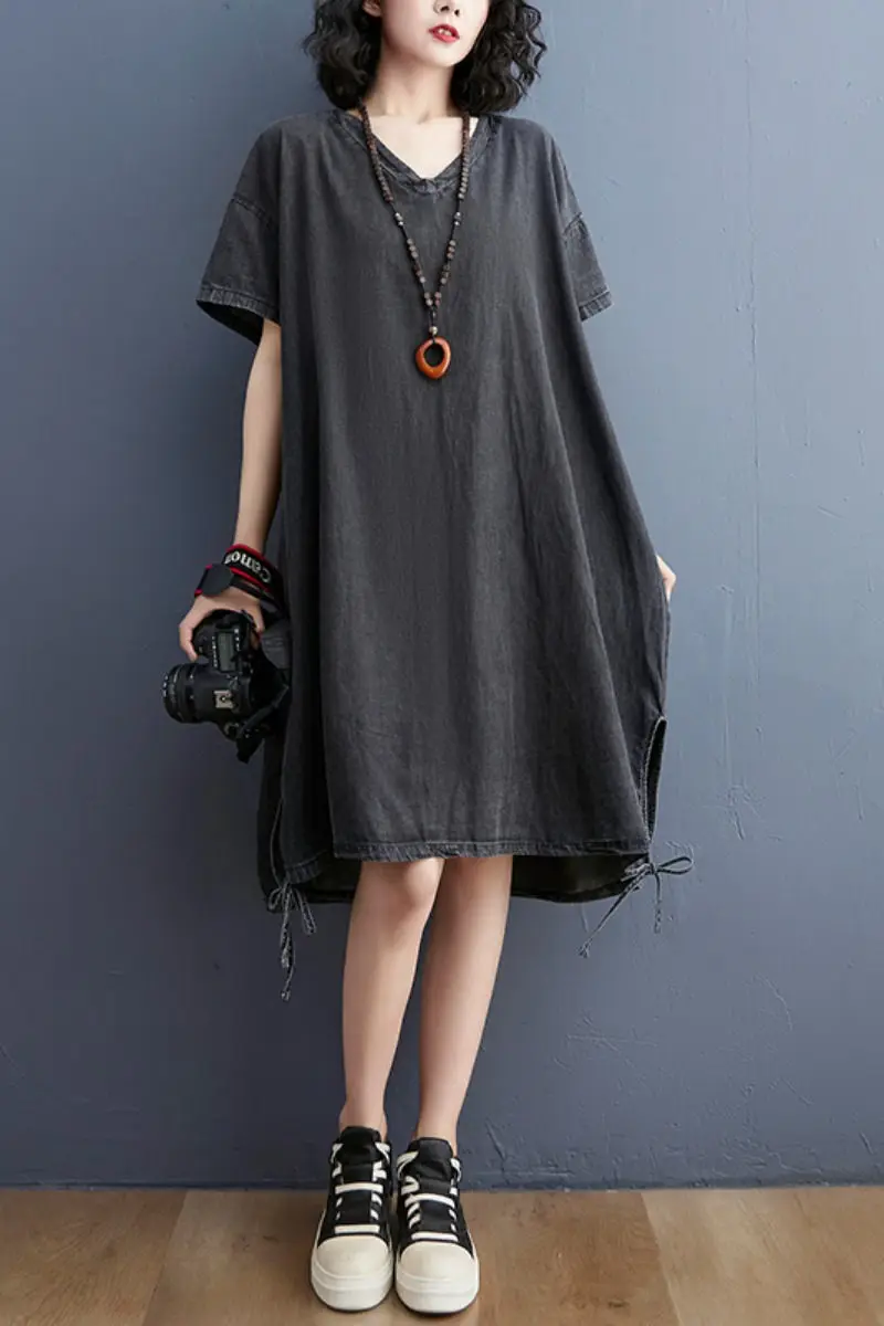 

Retro V-Neck Denim Dress Female 2021 Summer Thin Loose Large Size Slimming Short Sleeve Temperament Dress Midi Vestidos zh1542