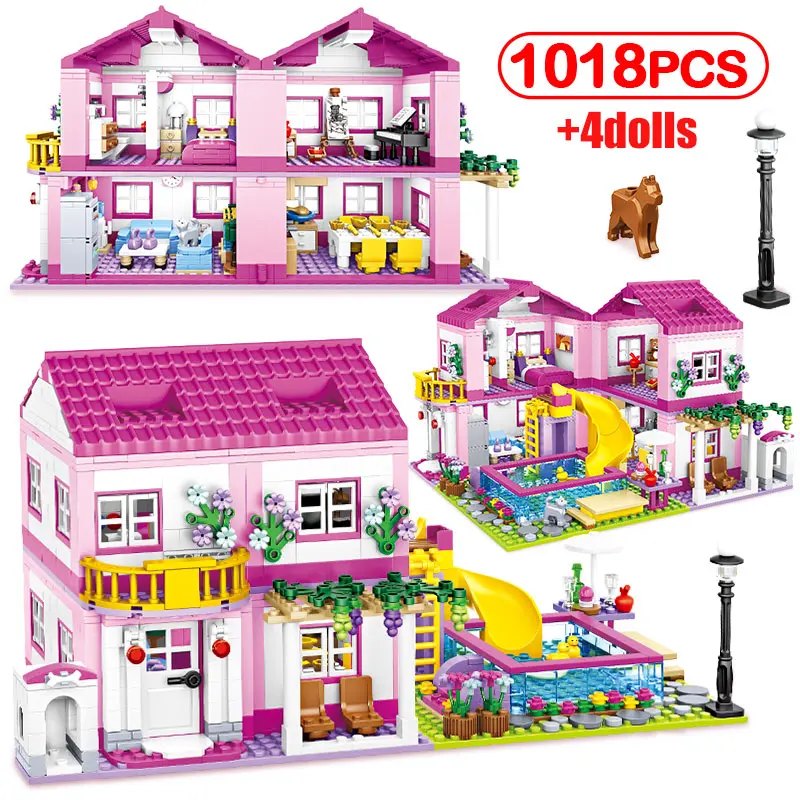 

Романтический летний двухэтажный дом, горка, бассейн, вилла, архитектура, строительные блоки, фигурки друзей, кирпичи, игрушки для девочек