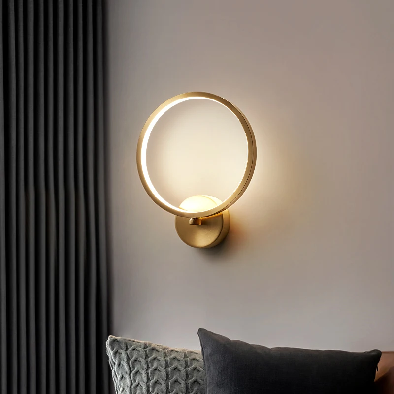 FKL Modern Copper LED Wall Light Living Room Round Translucent Lamp Shade Bedroom Bedside Decoration Background