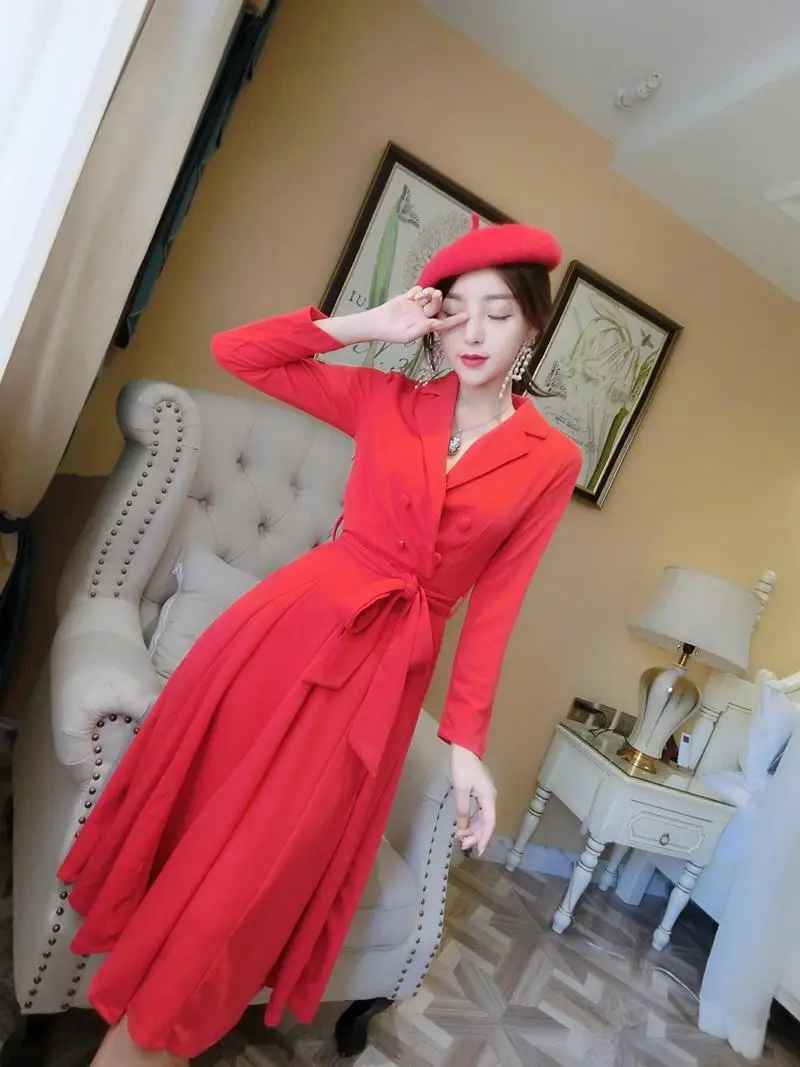 Женское красное платье элегантное двубортное с поясом женское Деловое рубашка
