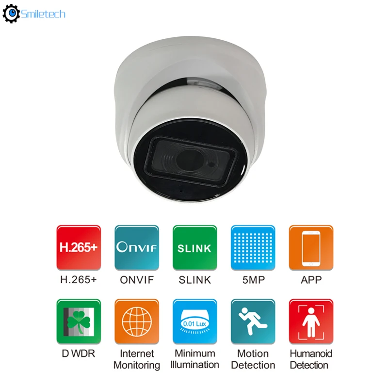 

Смарт-5MP DWDR ИК купольная POE H.265 Крытый низкая скорость передачи данных металла в виде человечков обнаружения onvif сетевой безопасности мини IP ...