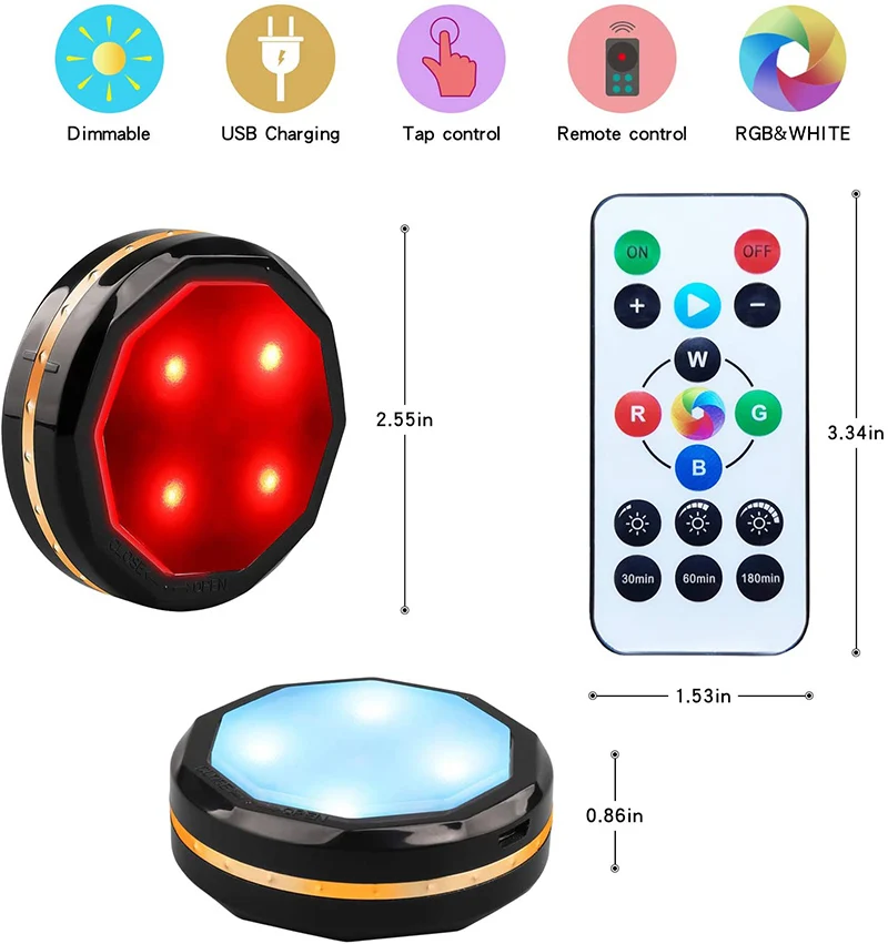 6pcs usb charging remote control round led wireless home kitchen stairs bedside cabinet lamp rgb atmosphere decorative lights free global shipping