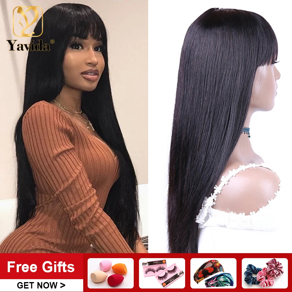 

Straight Machine Wigs Human Hair No Lace With Bangs Remy Hair Cheap Wigs Natural Color Full Machine Made Wig for Women