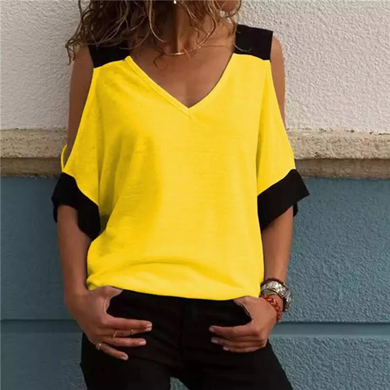 

Hot sale stitching contrast off-shoulder V-neck short-sleeved T-shirt