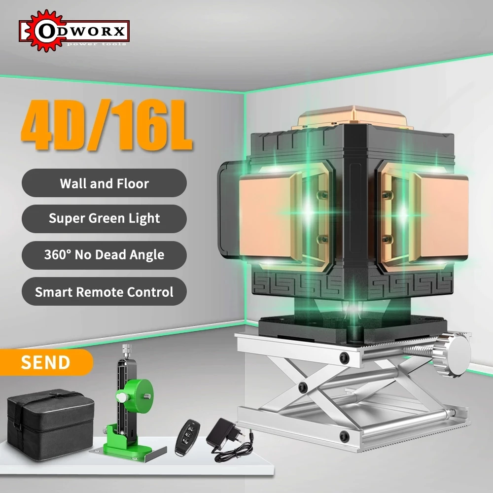 3D зеленый лазерный уровень ODWORX с 16/12 линиями, Горизонтальные и вертикальные перекрестные линии с автоматическим самовыравниванием, в помещении и на улице - изображение