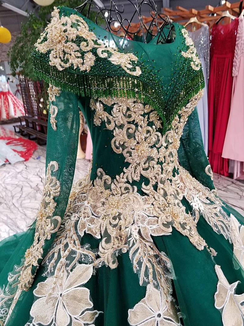 

BGW 21817ht Green Evening Dress Party O-neck Lace Up Back Long Sleeve Evening Gown 2020 Color Flowers Ball Gown Vestido De Festa