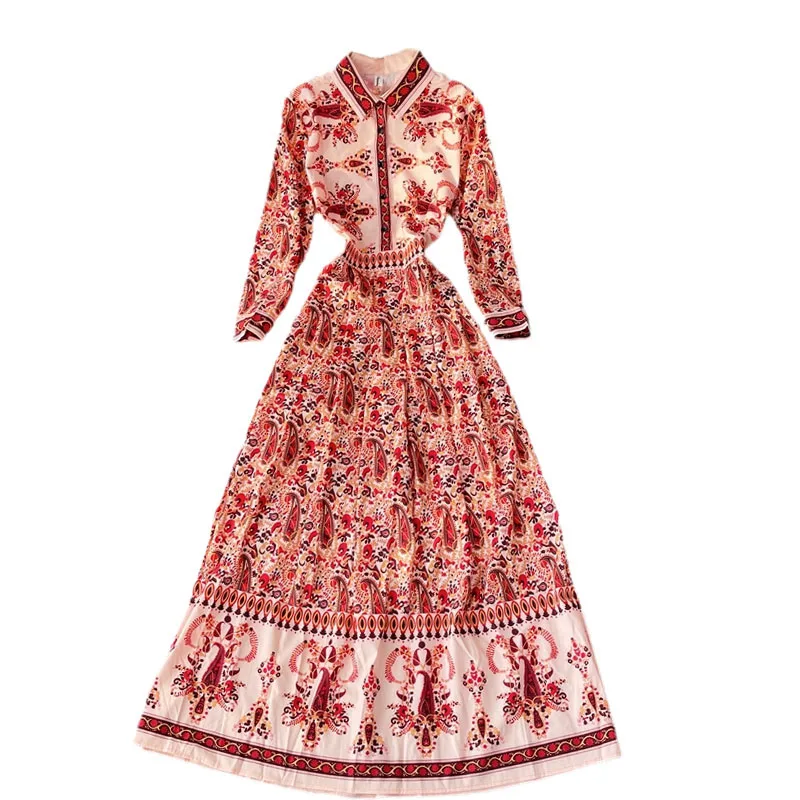 

2021 Summer fashion Slim Elegant Personality Lapel A-line Boho Women's Holiday Tourism Beach Print Long Sleeve Max Dress