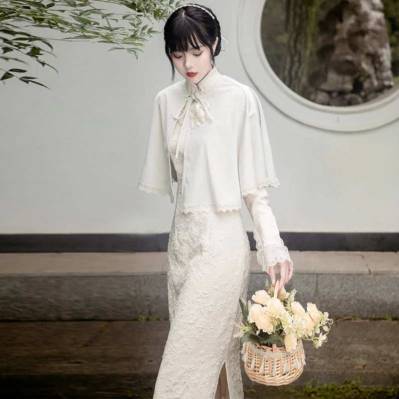 Женское осеннее платье-Ципао с длинным рукавом бело-черное платье в китайском