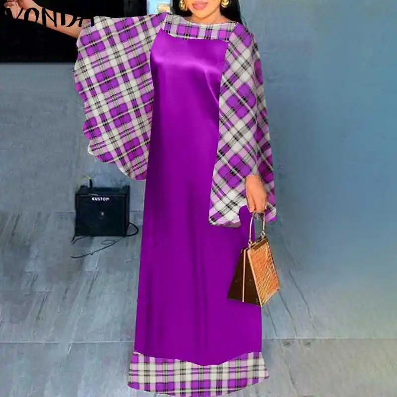 

VONDA Vintage Patchwork Plaid Dress 2021 Ladies Casual O Neck Long Sleeve Dresses Fall Vestidos Autumn Holiday Prom Party Robes