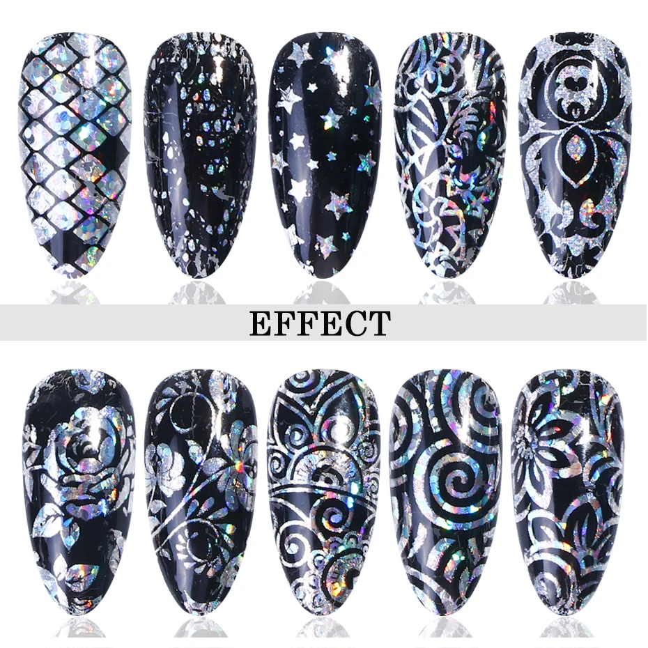 10pc Holographic Foils Nail Transfer Wraps Lace Flower Snowflake Clear Black Adhesive Sticker Set Nail Foil Gradient Tips CH1040