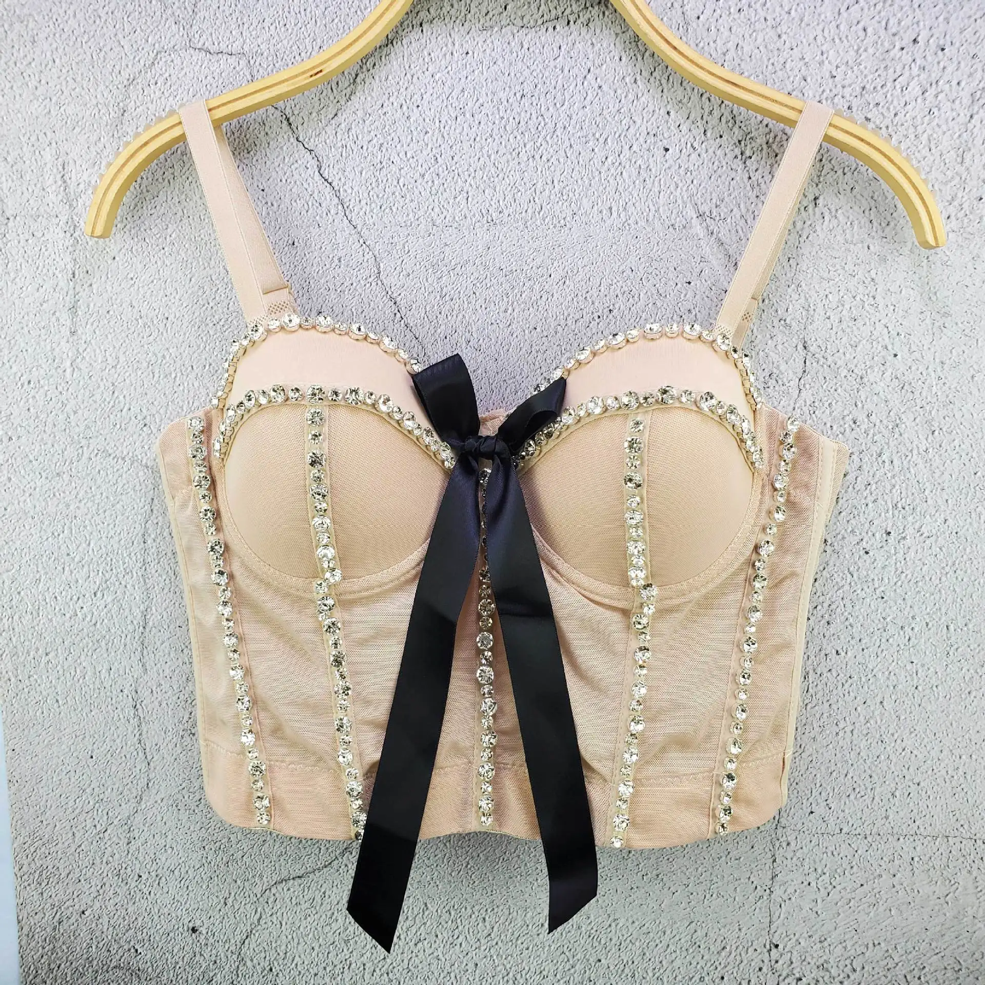 SXTHAENOO Fashion Tops Sexy Beading Rhinestone Bra Push Up Bralet Women's Corset Bustier Bra Night Club Party Cropped Top Vest