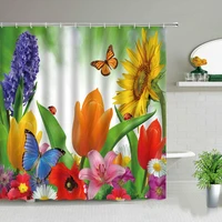 tulip flower shower curtain spring flowers butterfly natural garden scenery red green decor polyester fabric bathroom curtains