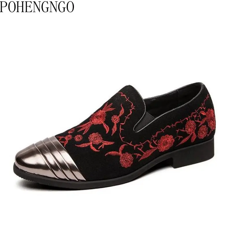 

2021 Fashion Metal Toe Men Velvet Formal Wedding Shoes Embroidered Mens Dress Shoes Banquet And Party Flats Men Zapatos Hombre
